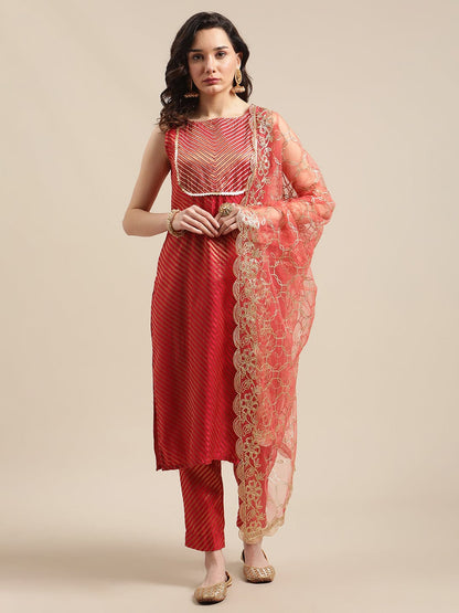 Women's Red And Gold Brocade Gota Embellished Striped Kurta Set With Gota Work Net Dupatta