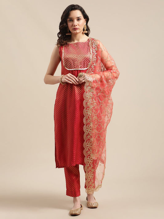Women's Red And Gold Brocade Gota Embellished Striped Kurta Set With Gota Work Net Dupatta
