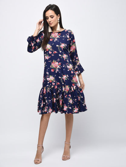 Women's Navy Polyster Printed Bell Sleeve Round Neck Dress