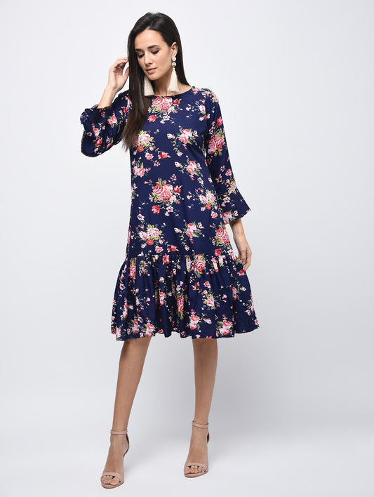 Women's Navy Polyster Printed Bell Sleeve Round Neck Dress