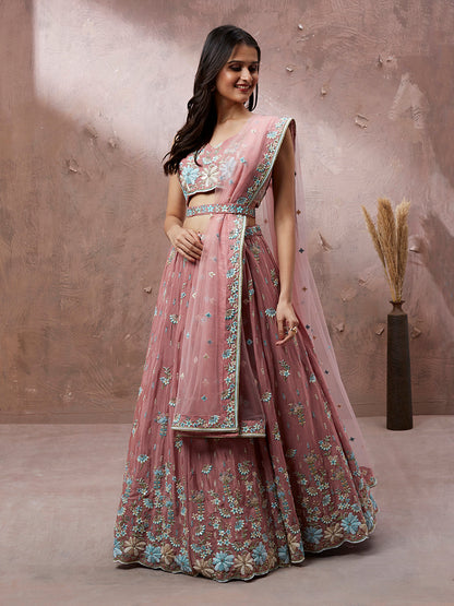 Women's Coral Georgette Sequins With Heavy Zarkan Embroidery Ready To Wear  Lehenga Choli & Dupatta