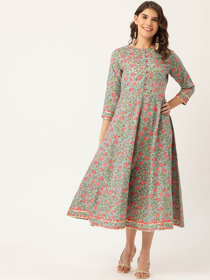 Women's Cotton Floral Printed & Gota Work detailing Anarkali Kurta