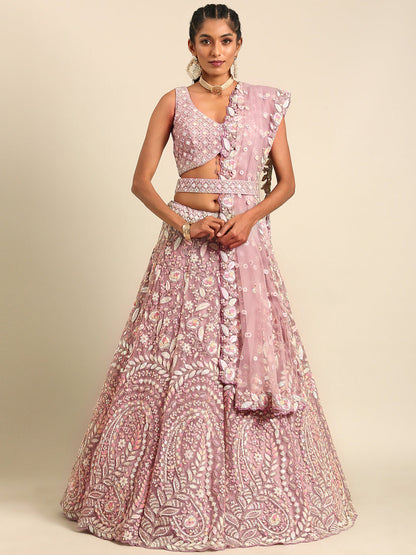 Women 's Mauve Net Multi Sequins with heavy Zarkan embroidery Ready to Wear Lehenga choli & Dupatta