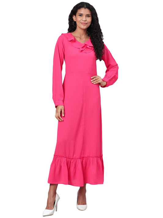 Women's Pink Solid Full Sleeve Polyester V Neck Casual Dress
