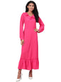 Women's Pink Solid Full Sleeve Polyester V Neck Casual Dress