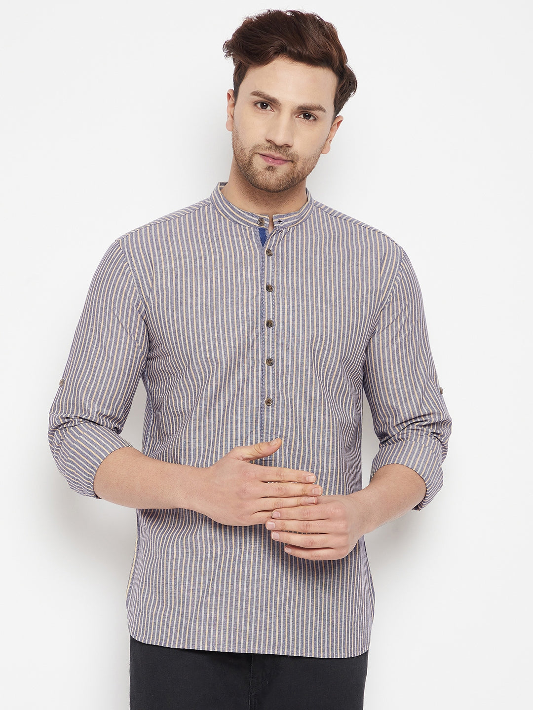 Men's Grey Color Short Kurta with Band Collar