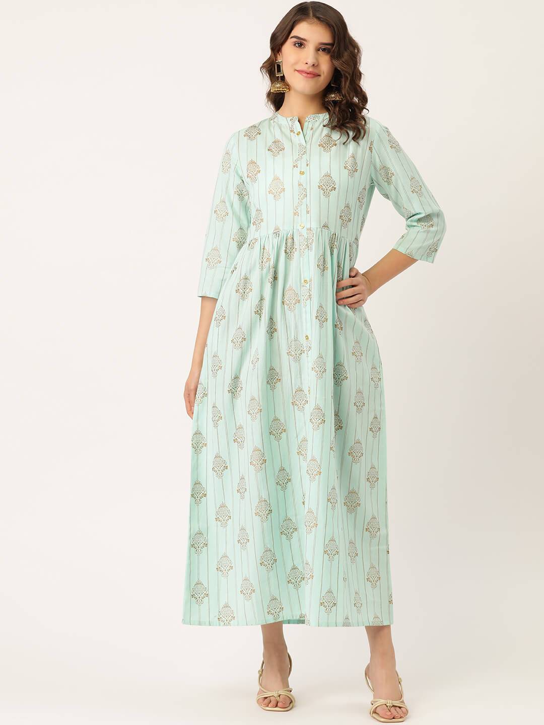 Women's Cotton Gold Printed & Button detailing Anarkali Kurta