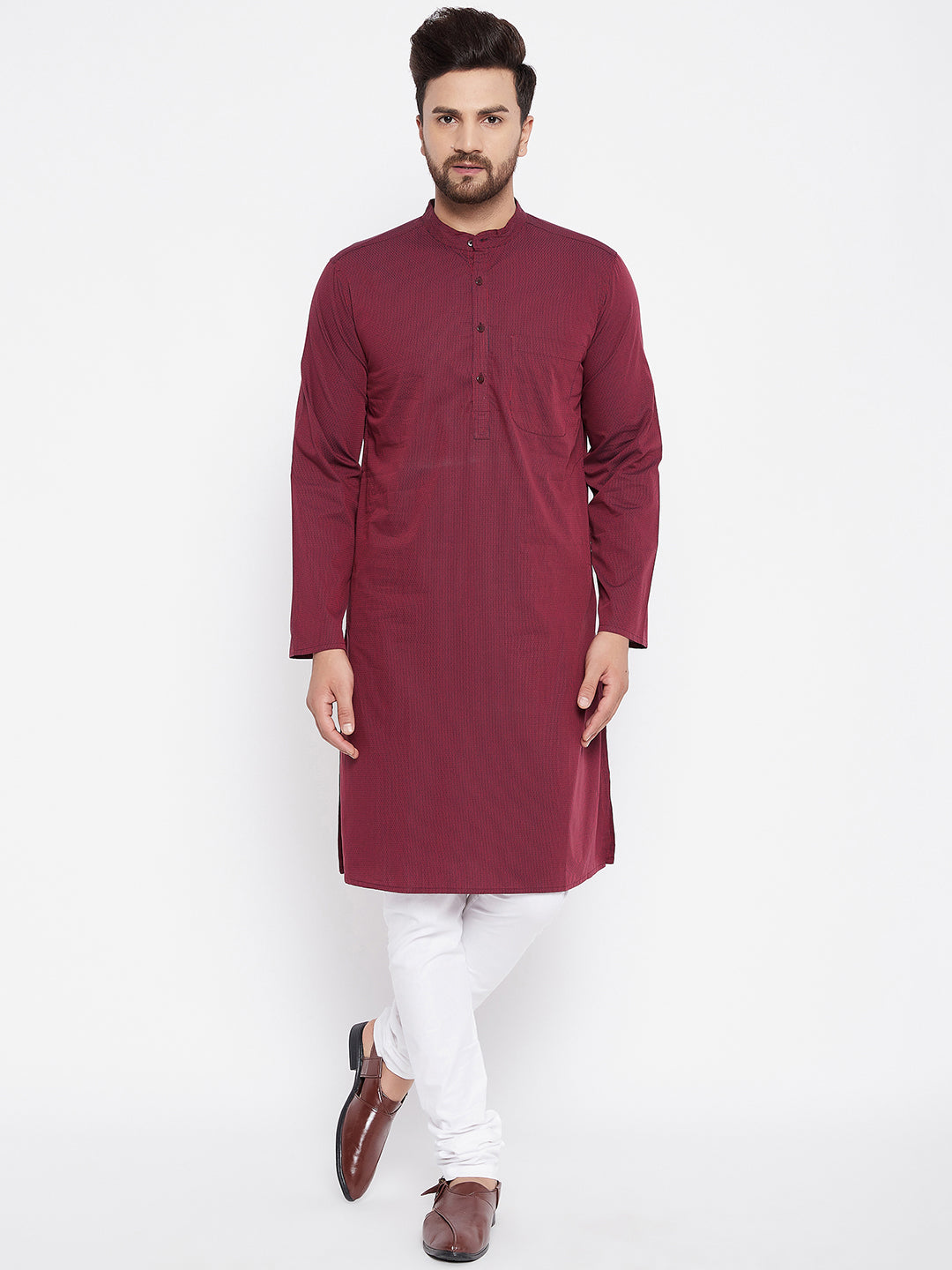 Men's Maroon Striped Straight Kurta