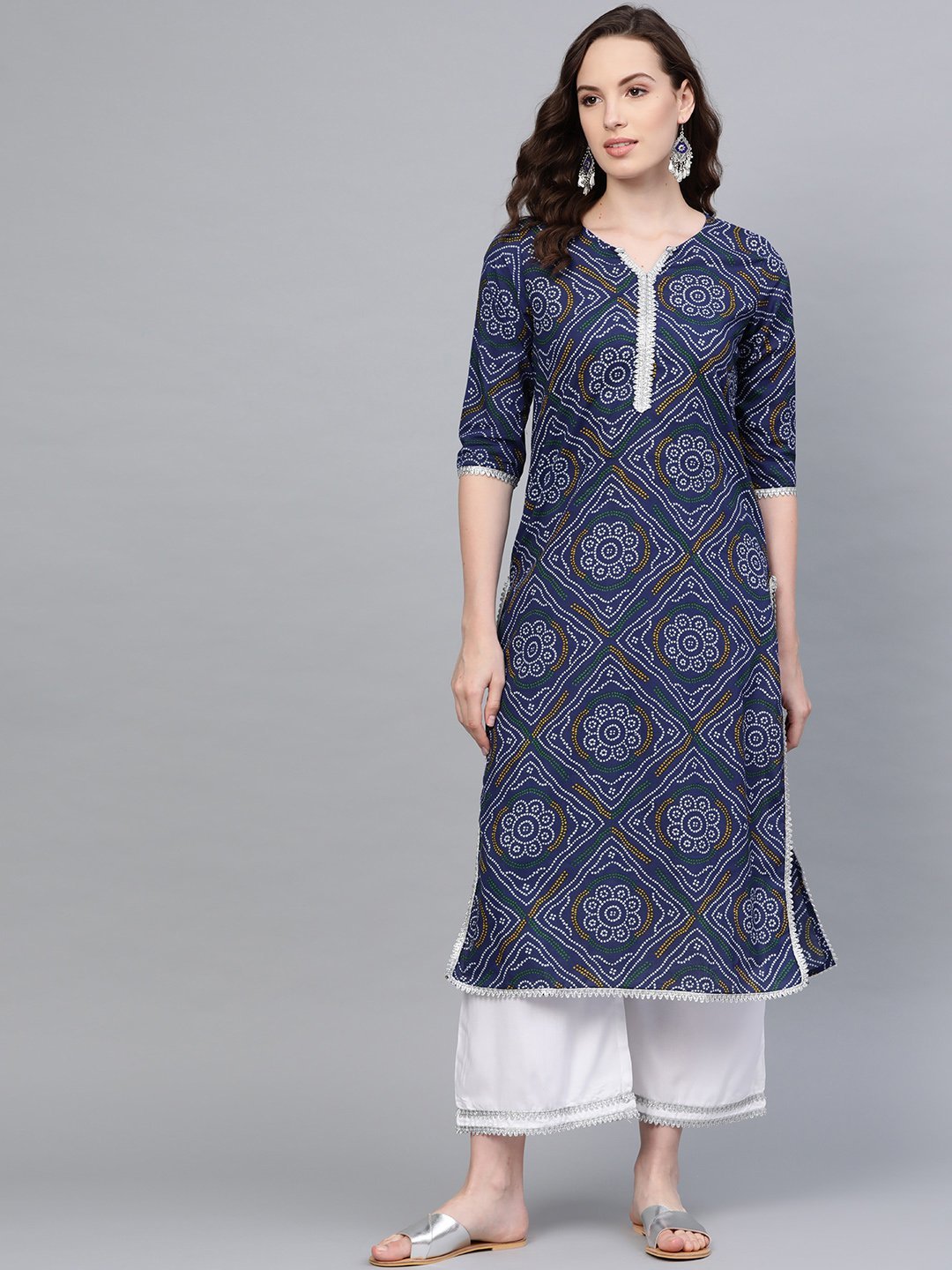 Women Blue Cotton Printed Kurta Palazzo Set by Myshka (