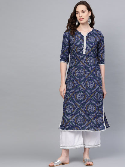 Women Blue Cotton Printed Kurta Palazzo Set by Myshka (