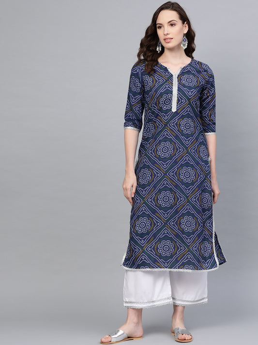Women Blue Cotton Printed Kurta Palazzo Set by Myshka (