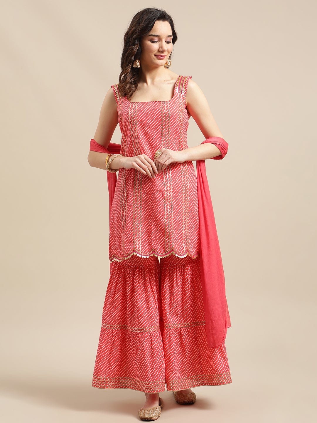 Women's Peach Heavy Gota Embellished Kurta Sharara Set With Chiffon Dupatta