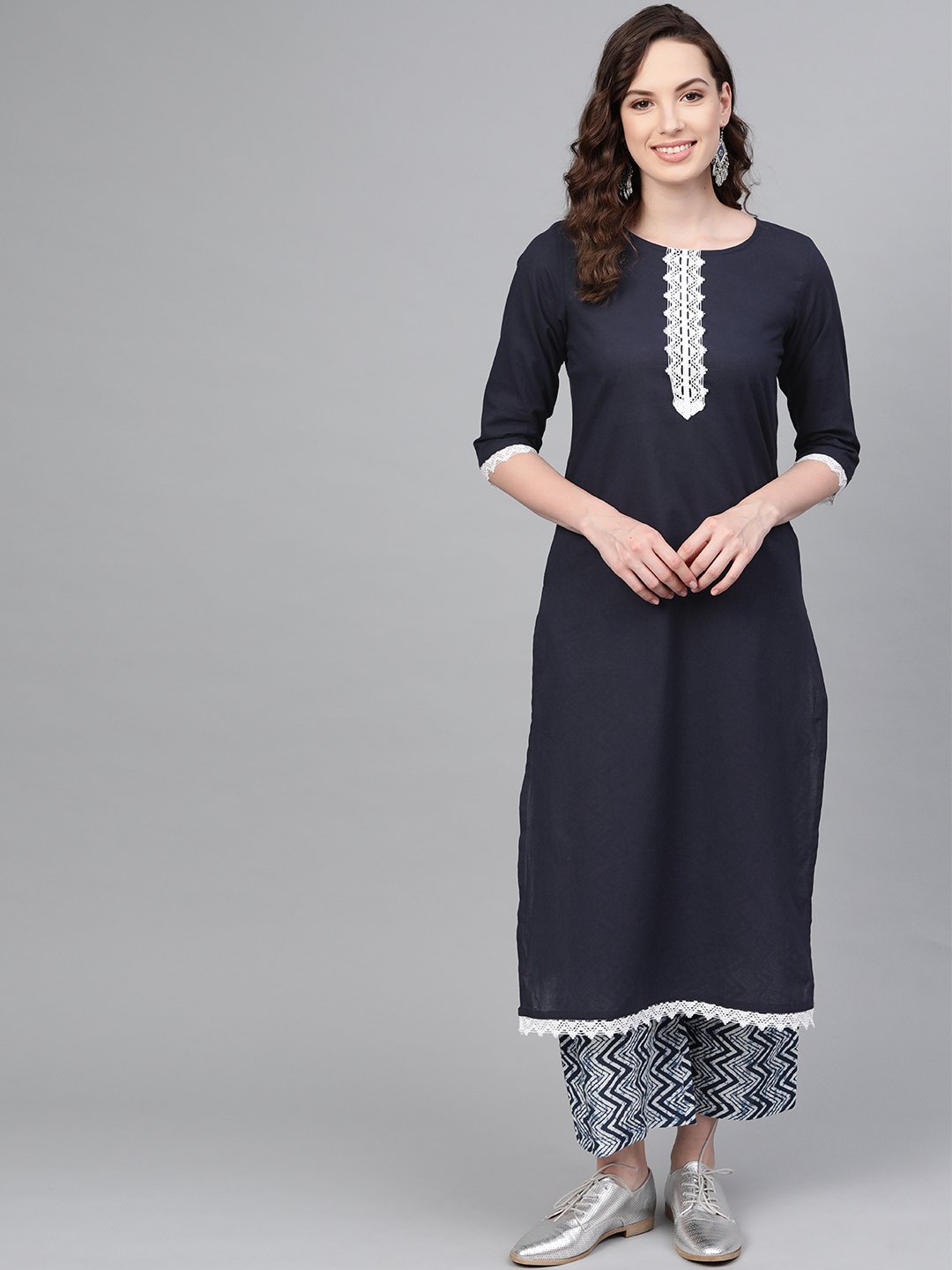 Women's Navy Cotton Solid Full Sleeve Round Neck Casual Kurta Palazzo Set