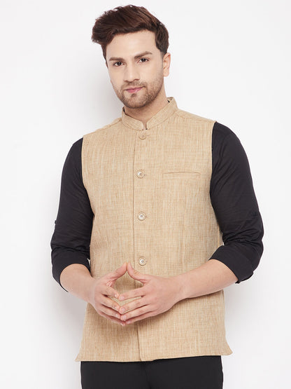 Men's Beige Color Woven Nehru Jacket