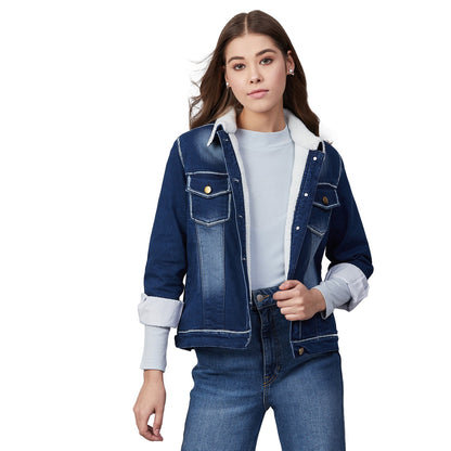 Women's Denim Jacket with Soft Warm Faux Fur Lining inside