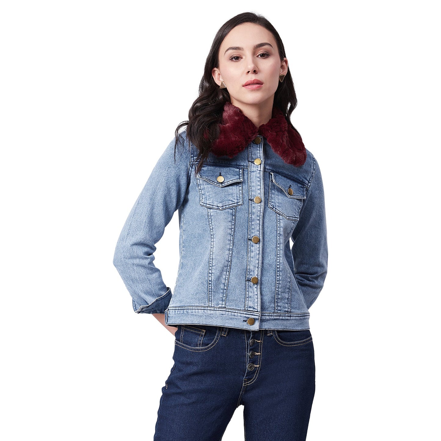 Women's Distressed Denim Jacket with Detachable Maroon Fur Collar