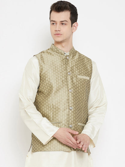 Men's Jacquard Beige Silk Nehru Jacket