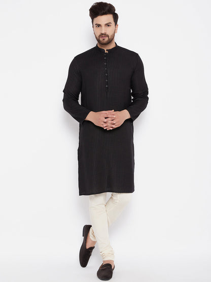 Men's Woven Design Black Straight Kurta