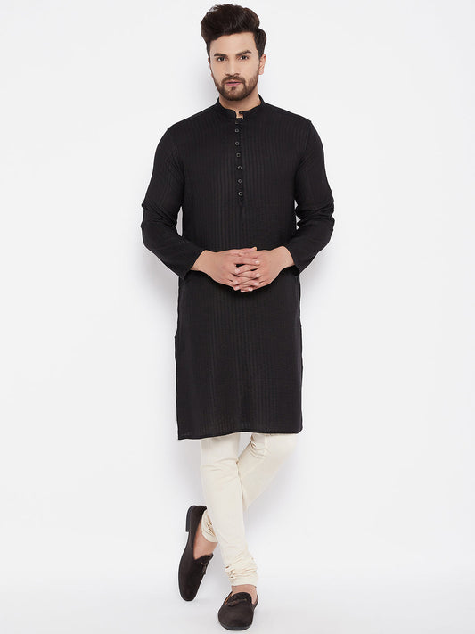 Men's Woven Design Black Straight Kurta