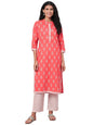 Women's Orange Printed 3/4 Sleeve Cotton Round Neck Kurta & Pant Set