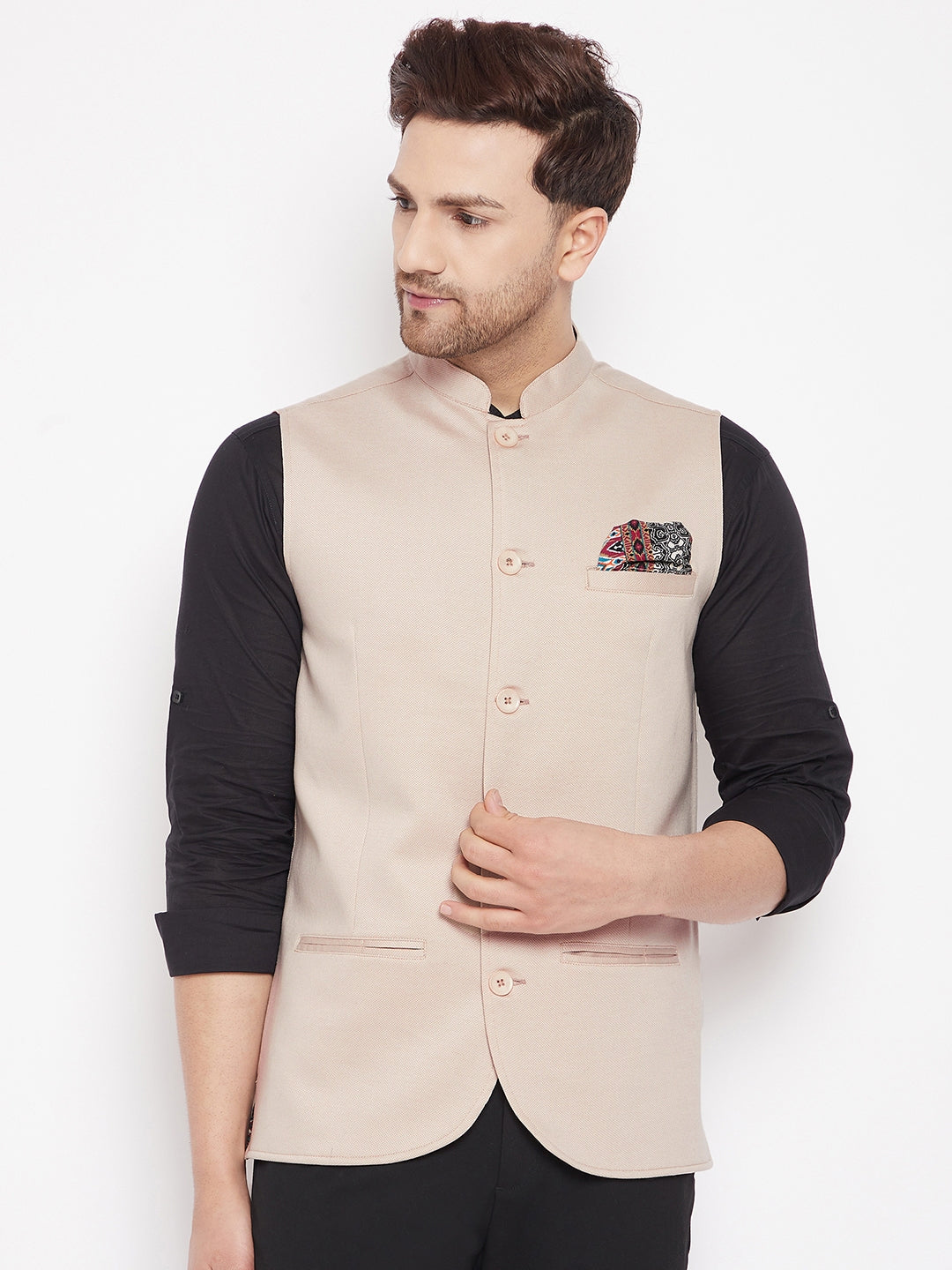 Men's Cream Color Woven Nehru Jacket