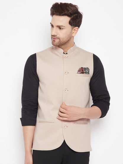 Men's Cream Color Woven Nehru Jacket
