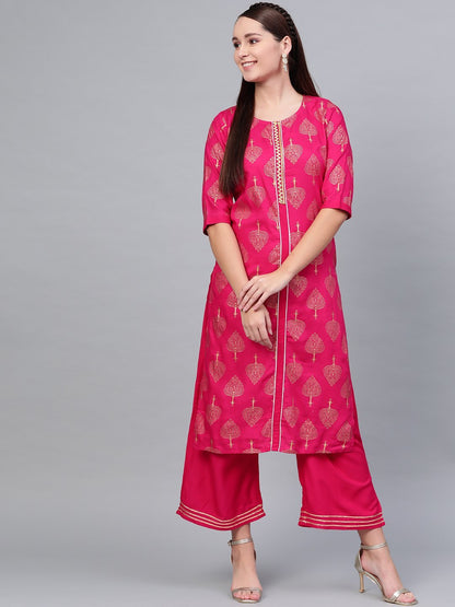 Women Pink Cotton Printed Kurta Palazzo Set by Myshka (