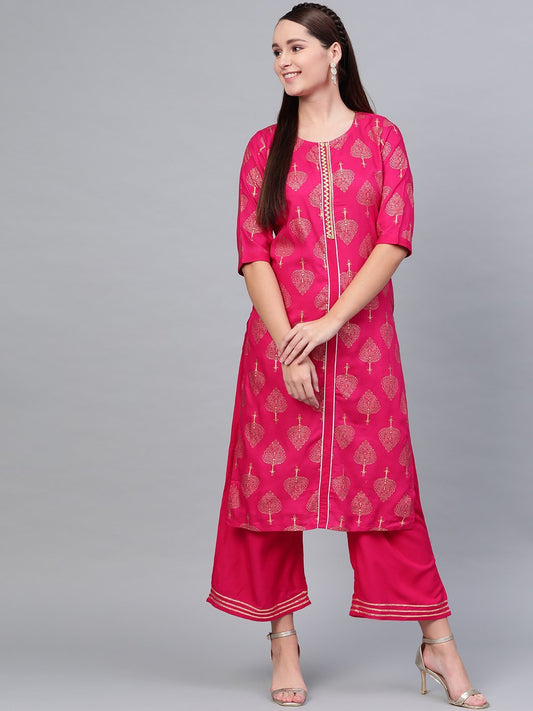 Women Pink Cotton Printed Kurta Palazzo Set by Myshka (