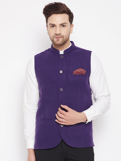 Men's Purple Color Nehru Jacket-Contrast Lining-Inbuilt Pocket Square