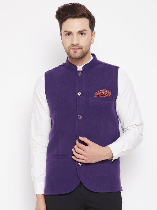 Men's Purple Color Nehru Jacket-Contrast Lining-Inbuilt Pocket Square