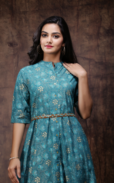 Women's Rayon Printed Asymmetric Dress With Belt