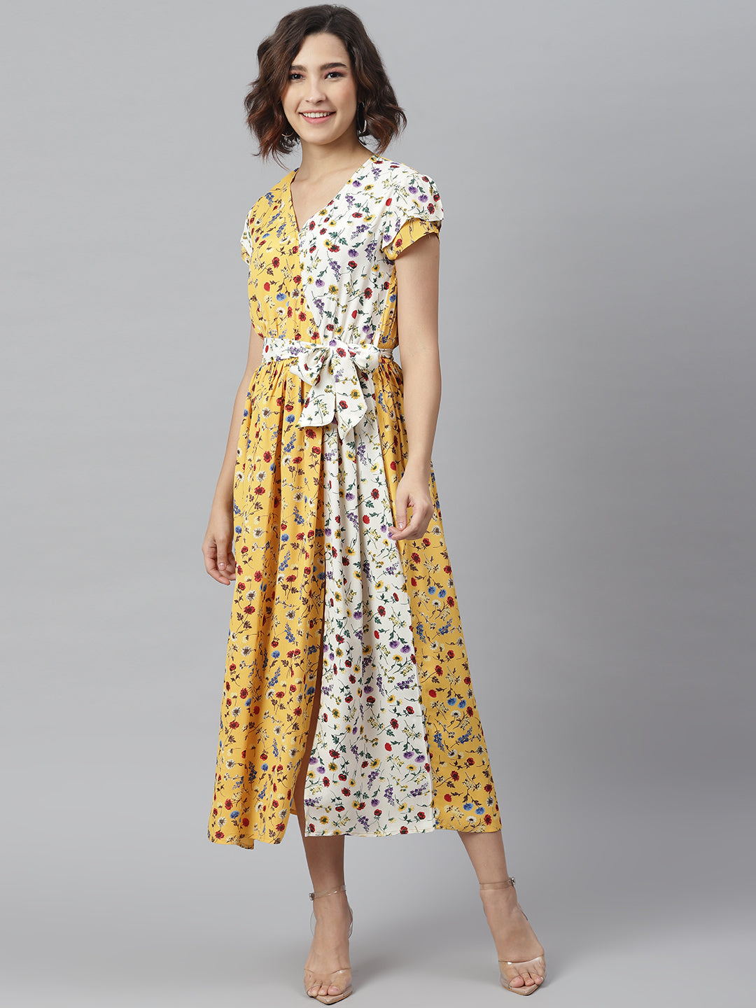 Women's Yellow & White Printed Wrap Dress with Contrast panel