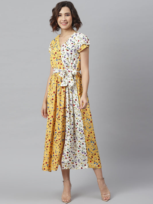 Women's Yellow & White Printed Wrap Dress with Contrast panel