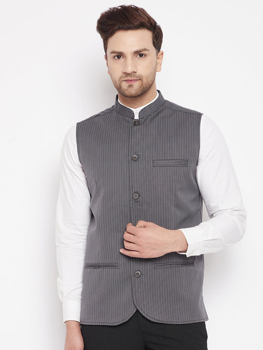Men's Grey Color Woven Nehru Jacket