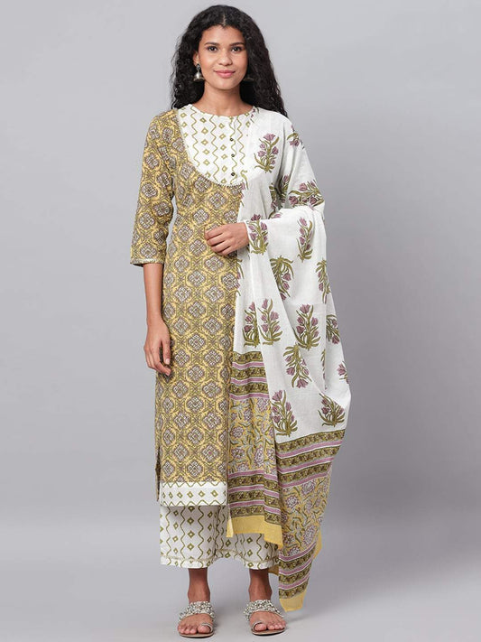 Women's Green Printed 3/4 Sleeve Cotton Round Neck Casual Kurta Palazzo & Dupatta Set