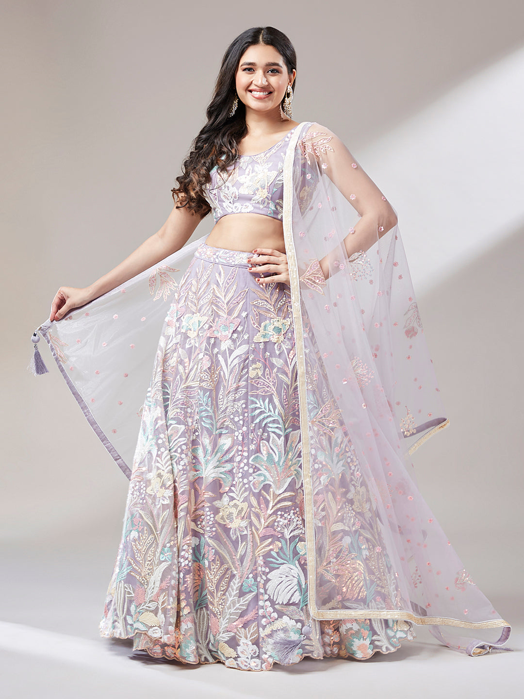 Women 's Muave Net Sequinse Work Ready to Wear Lehenga & stitched Blouse with Dupatta
