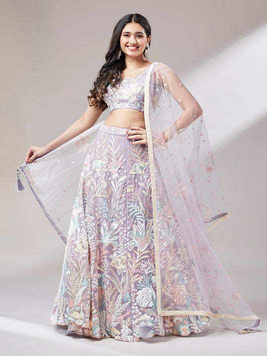 Women 's Muave Net Sequinse Work Ready to Wear Lehenga & stitched Blouse with Dupatta