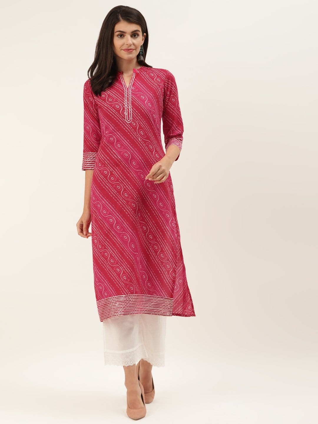 Women's Red And Fuchsia Bandhej Gota Work Straight Kurta