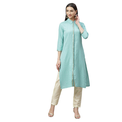 Women's Green Cotton Check 3/4 Sleeve Shirt Collar Casual Kurta Only