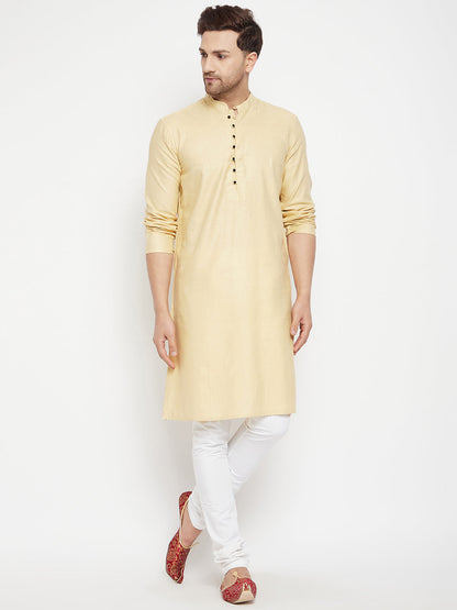 Men's Beige Color Long Kurta with Band Collar
