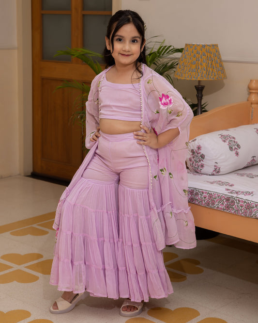 Girl's Gardenia Lavender Handpainted Georgette Co ord Set