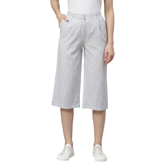 Women White Striped Cotton Culottes Trousers by Myshka (