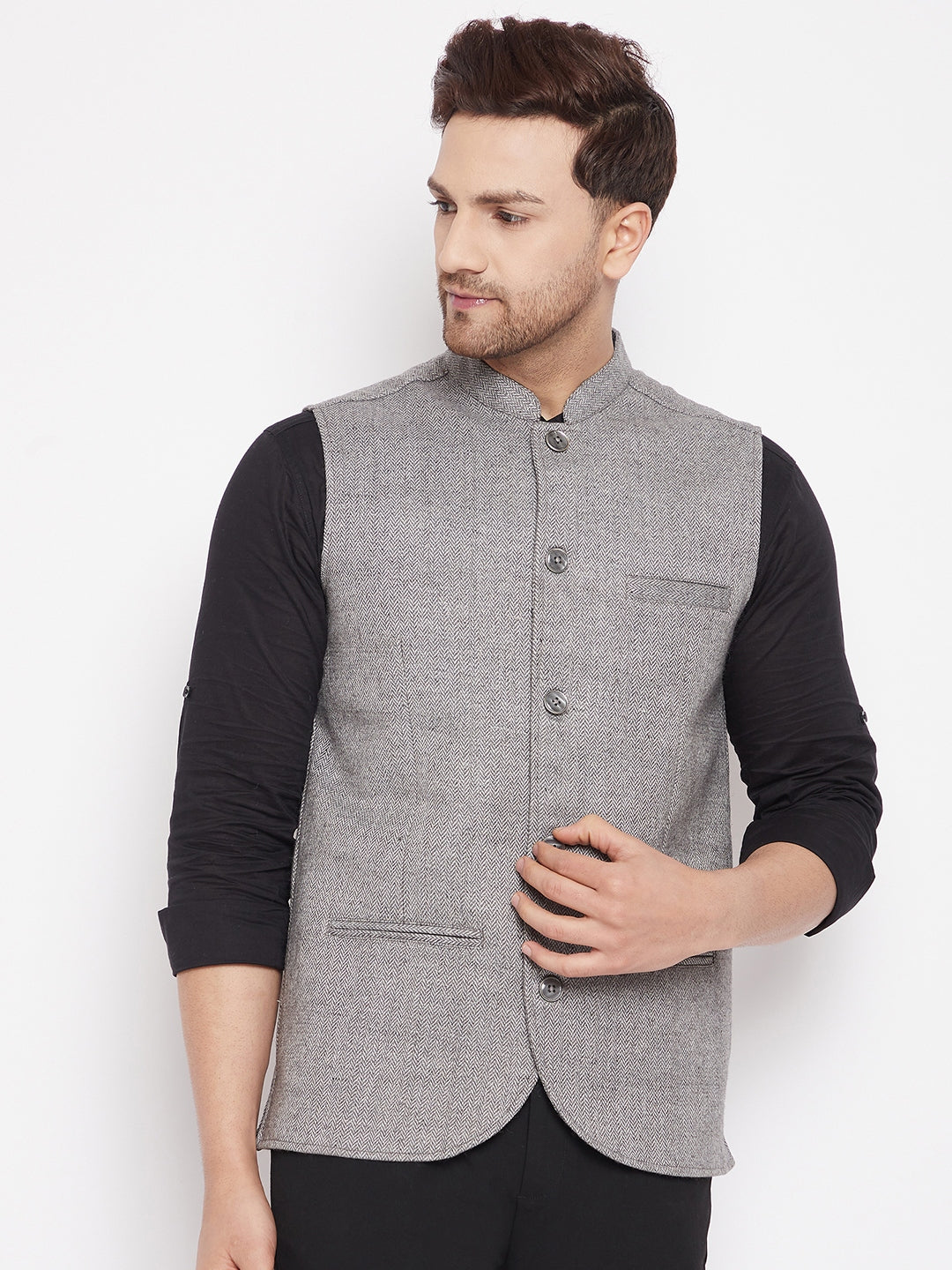 Men's Grey Color Woven Nehru Jacket