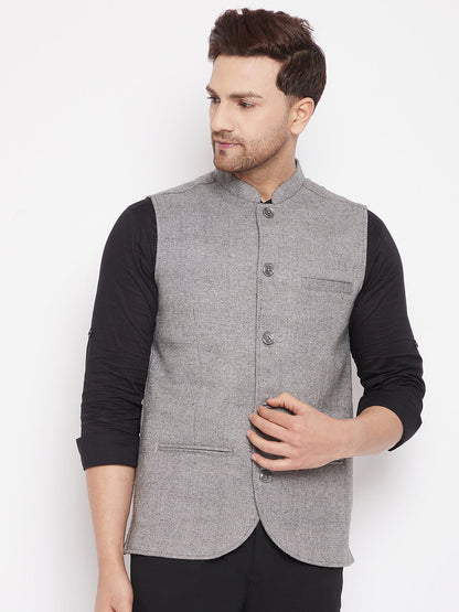 Men's Grey Color Woven Nehru Jacket
