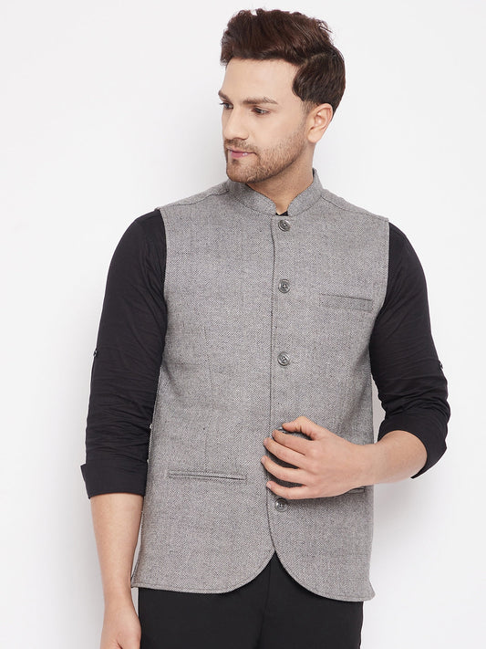 Men's Grey Color Woven Nehru Jacket