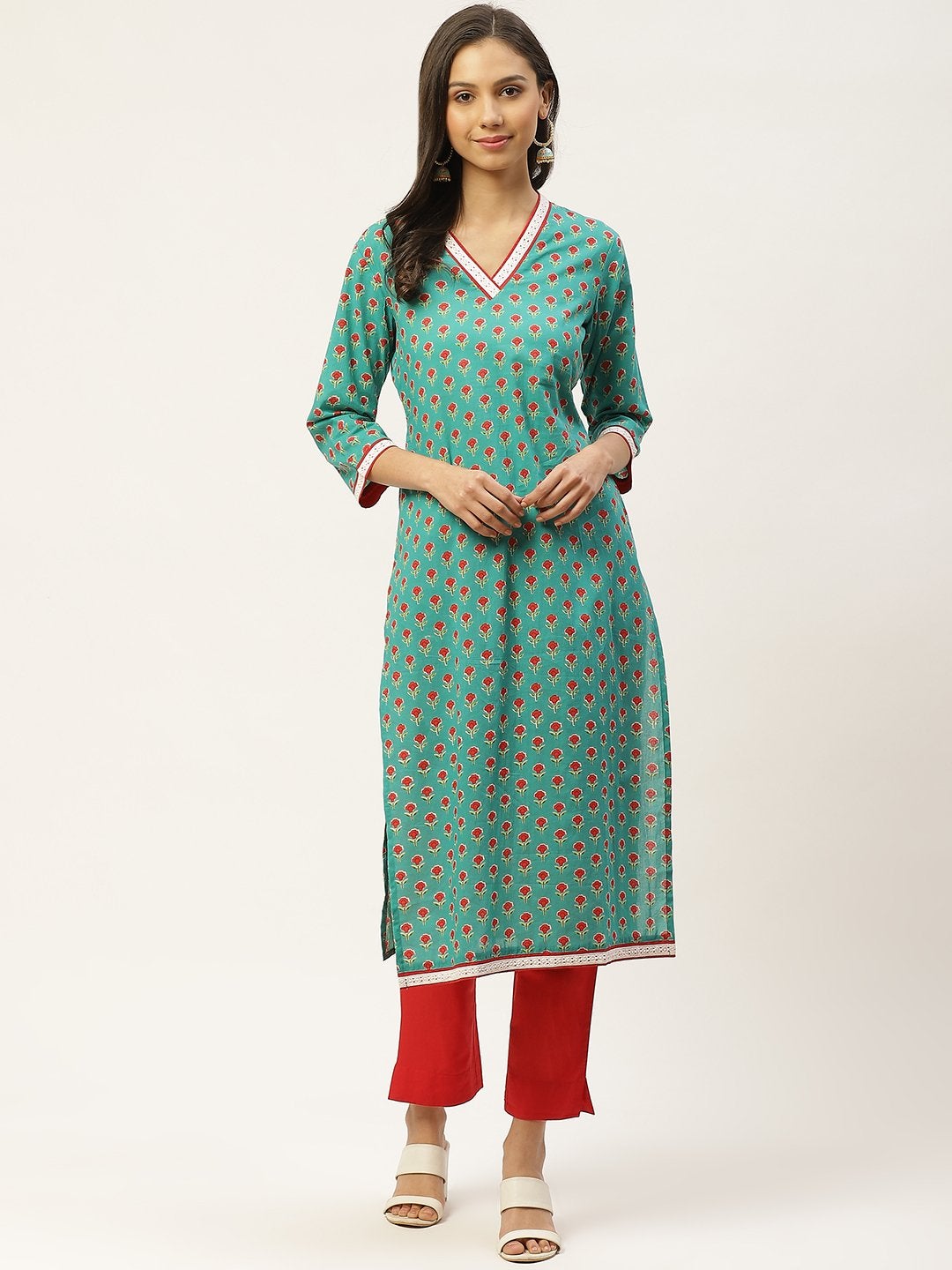 Women's Green & Red Ethnic Motifs Hand Printed Cotton Kurta with Trousers