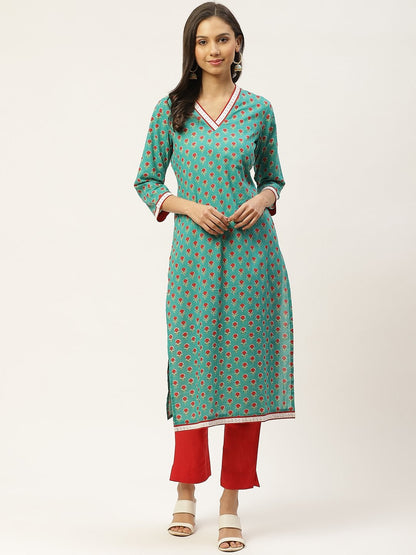 Women's Green & Red Ethnic Motifs Hand Printed Cotton Kurta with Trousers