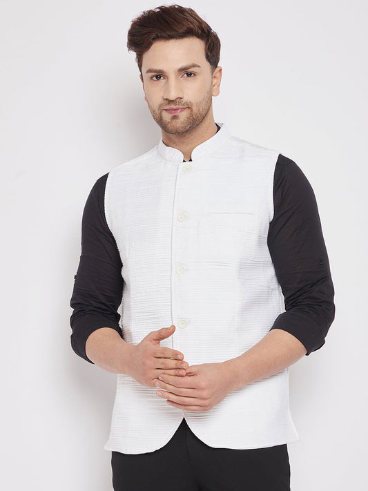 Men's White Color Woven Nehru Jacket