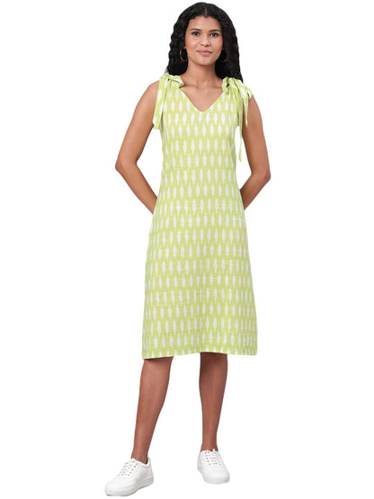 Women's Green Printed Sleeveless Cotton Slub V Neck Casual Dress