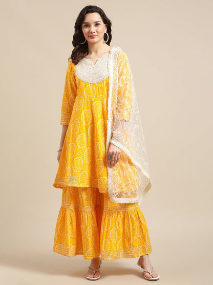 Women's Mustard And White Bandhej Printed Flared Kurta Sharara Set With Net Embroidered Dupatta